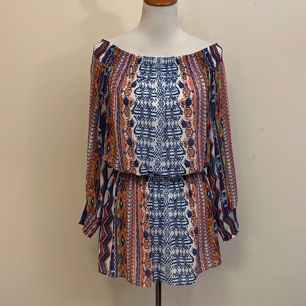 Ramy Brook Lucia Multicolor Boho Smock Waist Cold Shoulder Mini Dress size SP